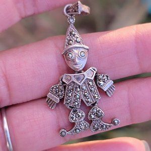 Vintage solid 925 sterling silver Art Deco style articulating marcasite clown
